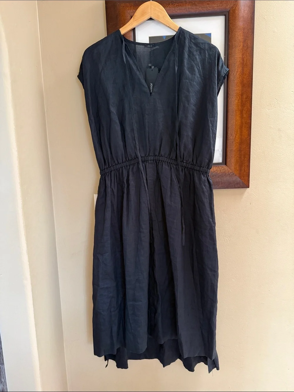 NWT JOSEPH Ramie Gathered Midi Dress Black FR 38 US 6 Tie Neck Luxury Minimalist